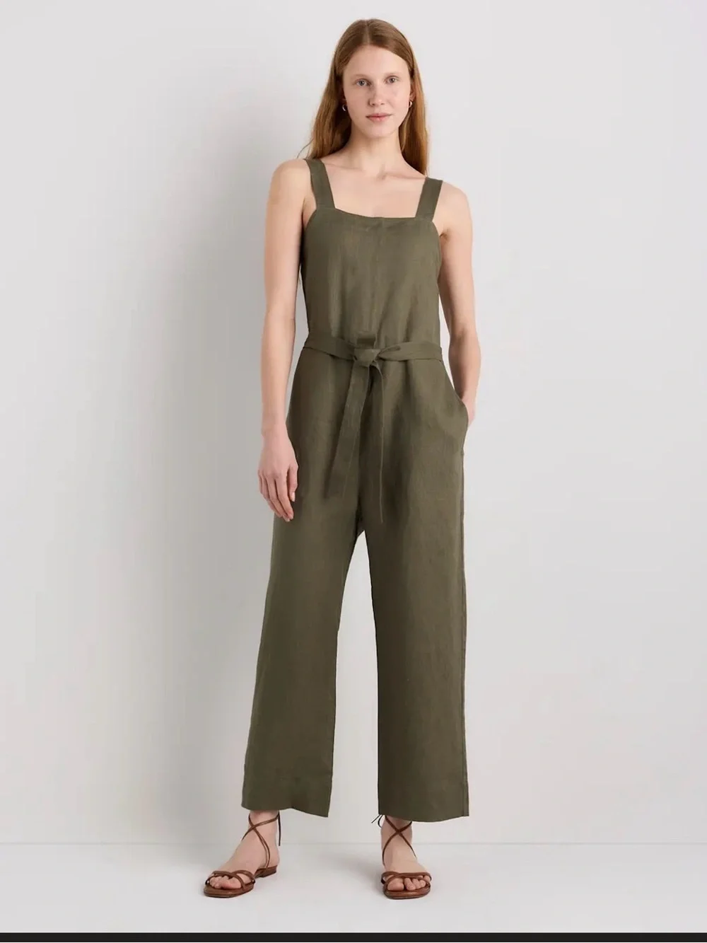 Quince 100% European Linen Square Neck Jumpsuit Bayberry Olive